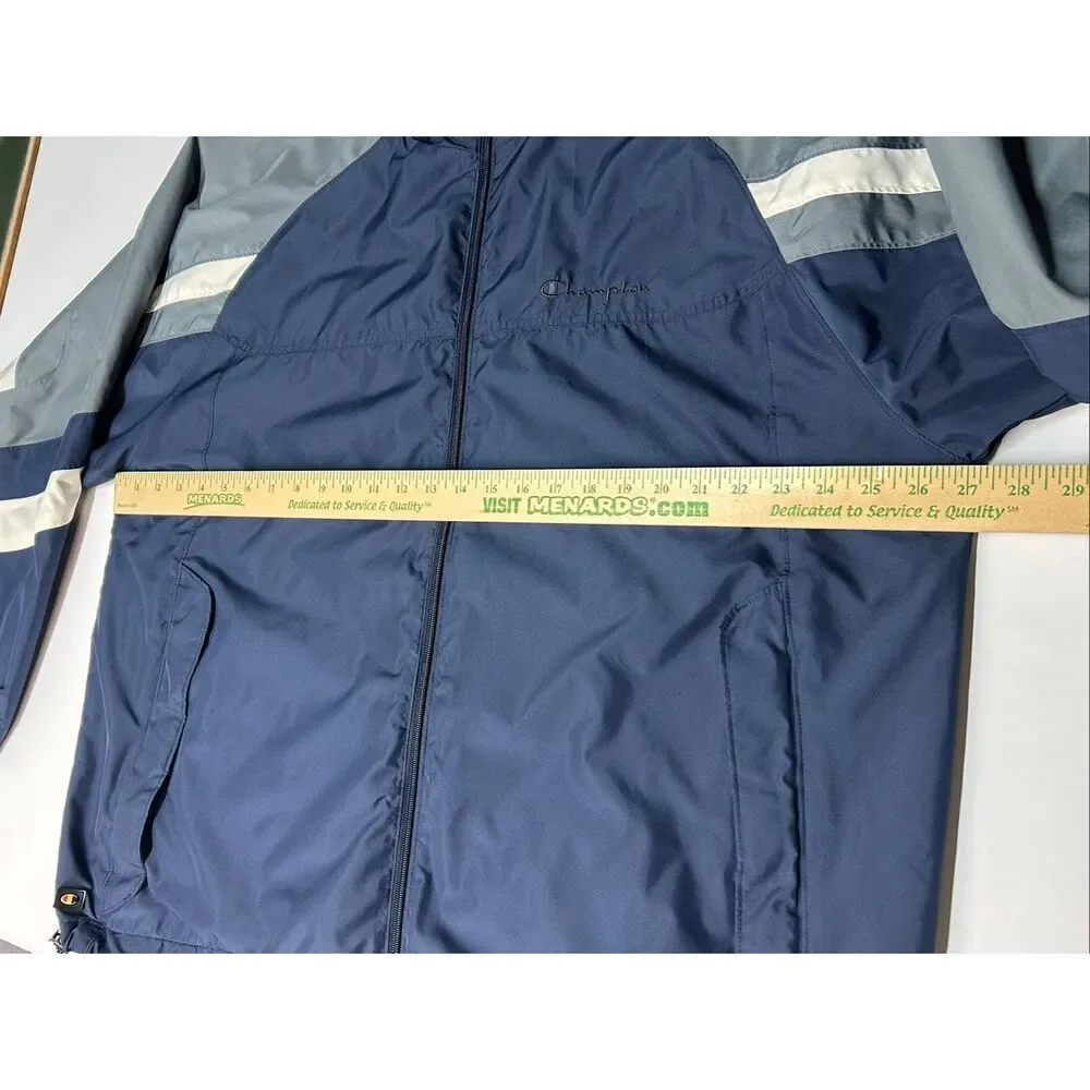Vintage Champion Windbreaker Men's XL Navy Blue Grey White Stripe Full Zip Y2K A
